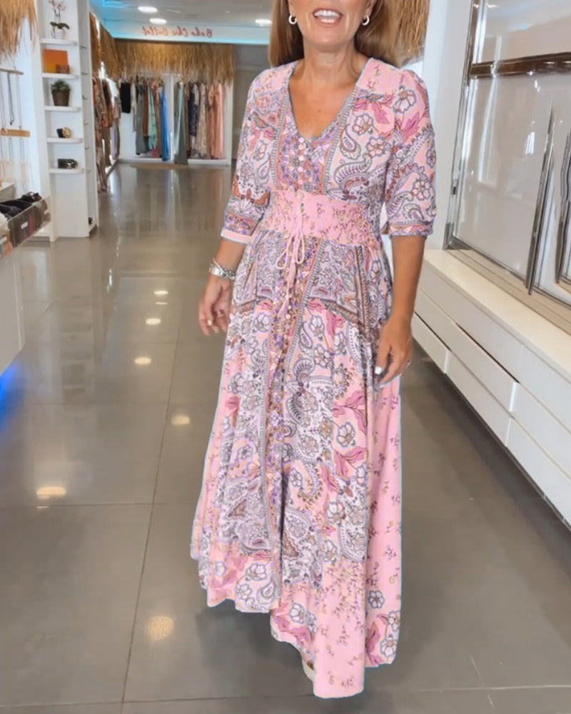 Vestido maxi para mujer con estampado bohemio y cintura ajustable