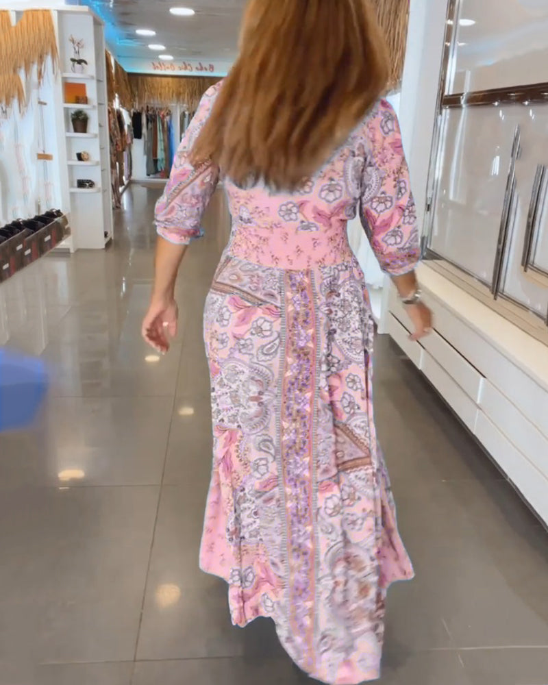Vestido maxi para mujer con estampado bohemio y cintura ajustable
