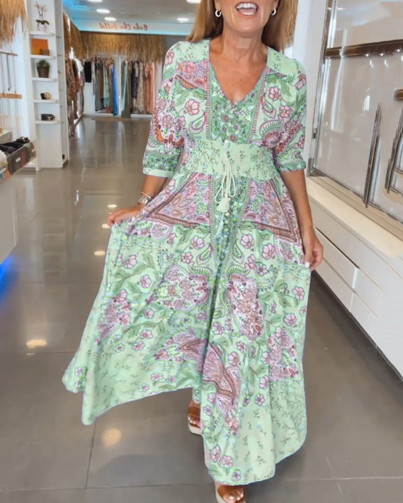 Vestido maxi para mujer con estampado bohemio y cintura ajustable