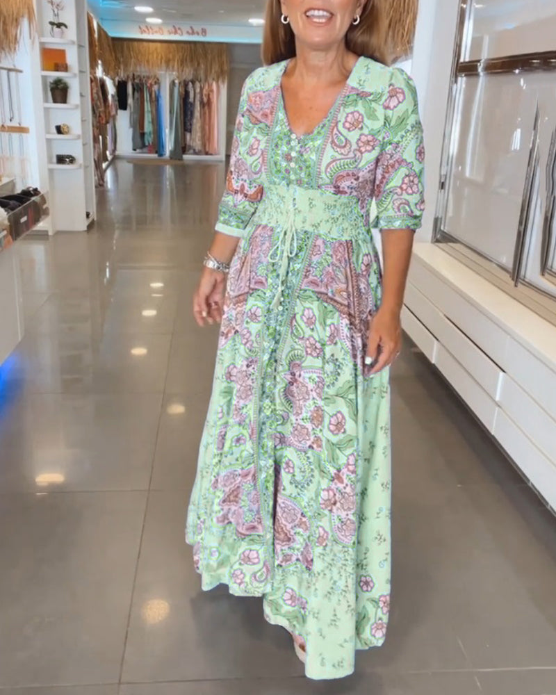 Vestido maxi para mujer con estampado bohemio y cintura ajustable