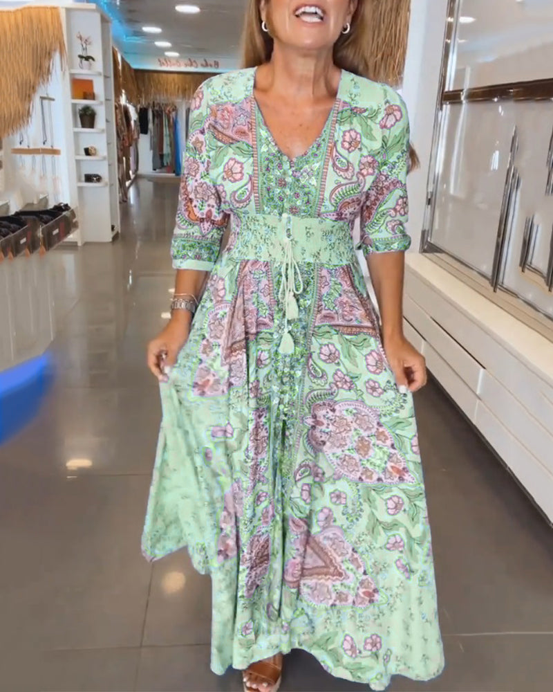 Vestido maxi para mujer con estampado bohemio y cintura ajustable