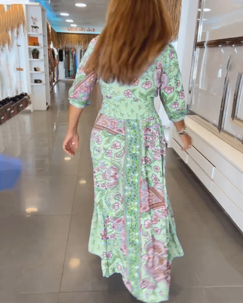 Vestido maxi para mujer con estampado bohemio y cintura ajustable
