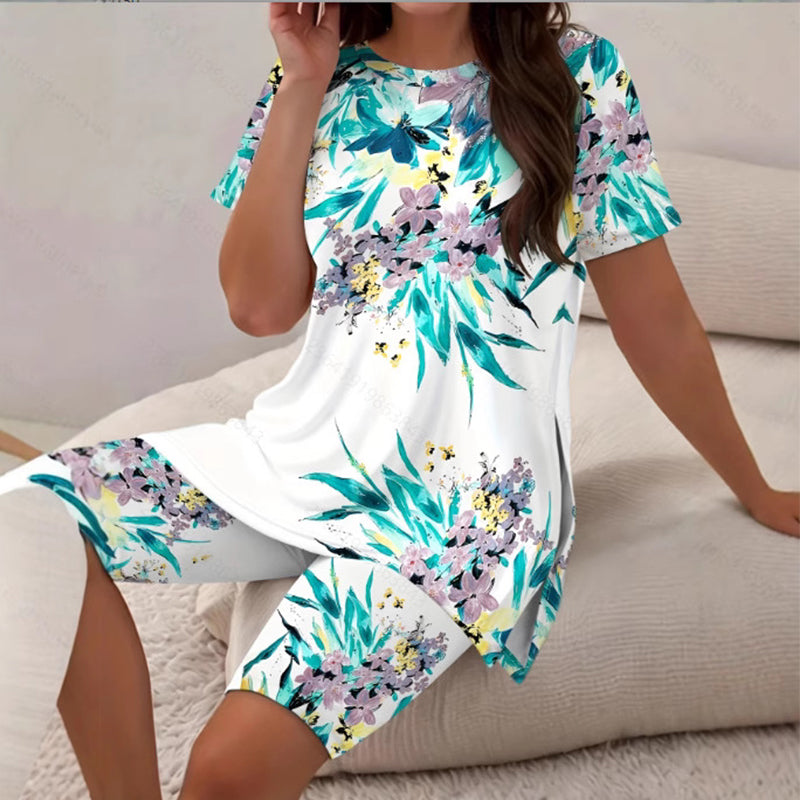 Conjunto de mujer con camiseta de girasol y pantalón corto estampado