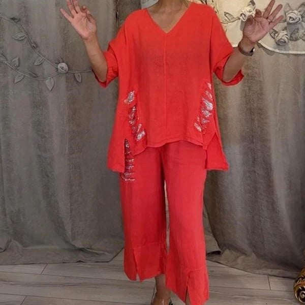 Conjunto mujer casual dos piezas escote V fluido