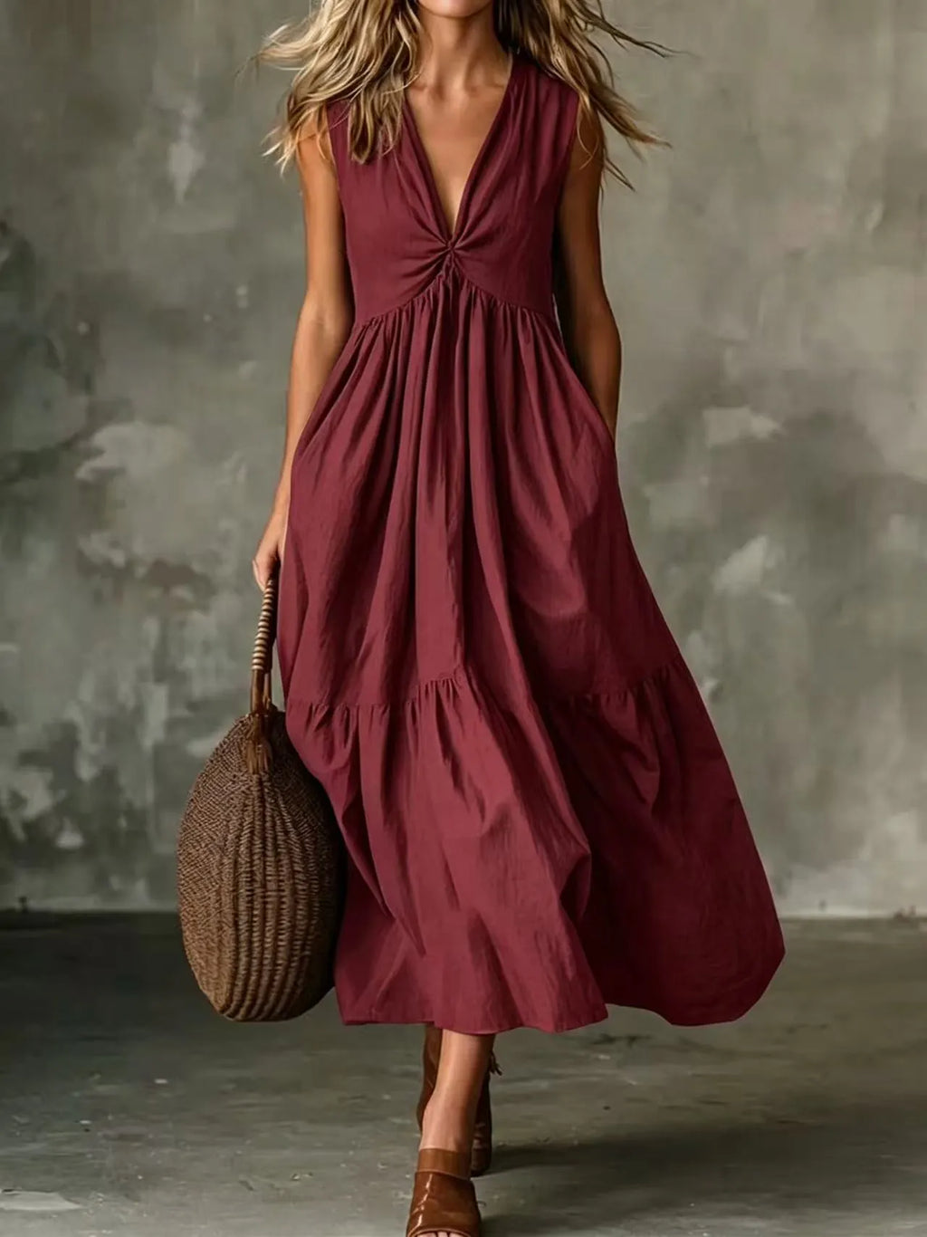 Vestido midi sin mangas para mujer con escote en V y bolsillos