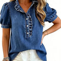 Top denim mujer con cuello volante y mangas abullonadas