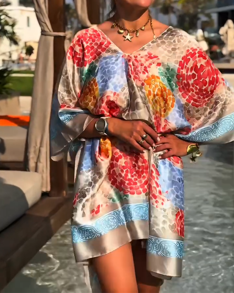 Vestido de playa para mujer con mangas murciélago y estampado colorido