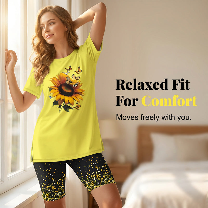 Conjunto de mujer con camiseta de girasol y pantalón corto estampado