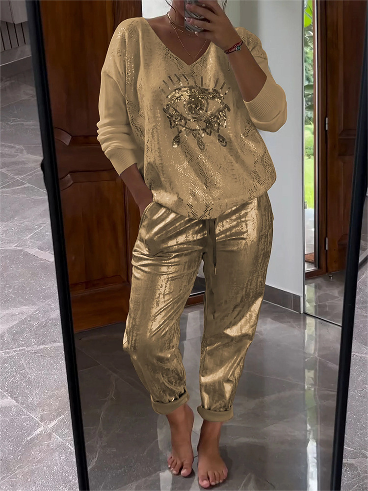 Conjunto mujer chic brillante escote V elegante