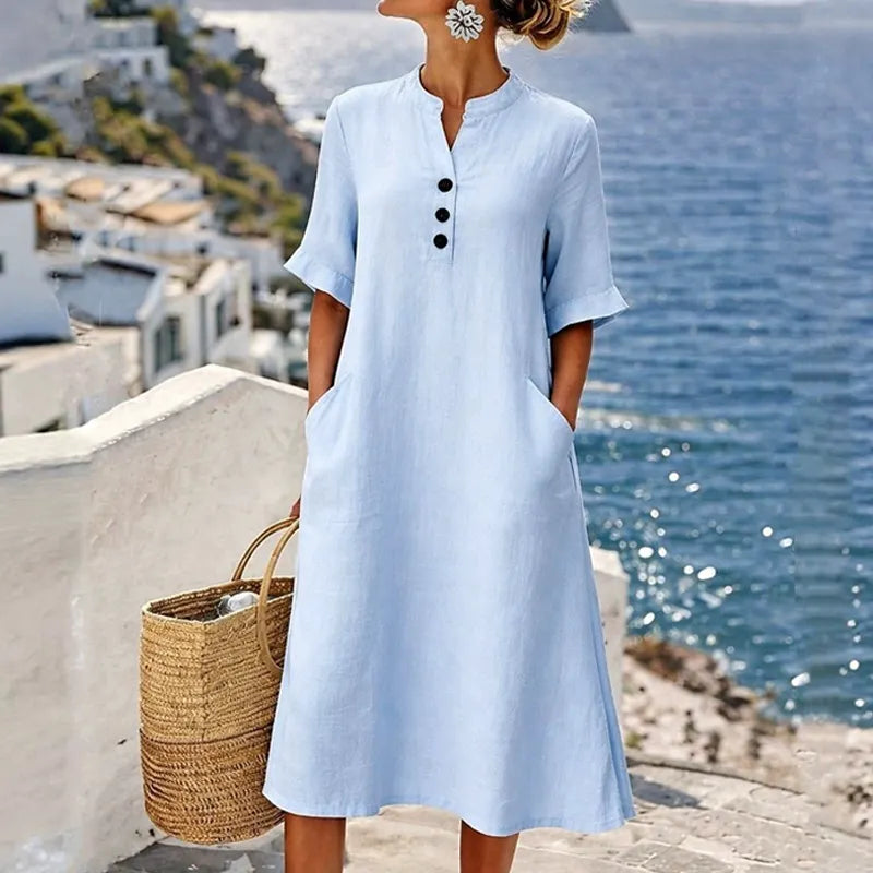 Vestido midi de mujer en algodón y lino con botones y bolsillos
