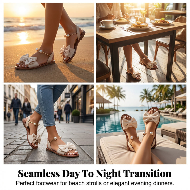Sandalias mujer planas con lazo decorativo y detalles de perlas