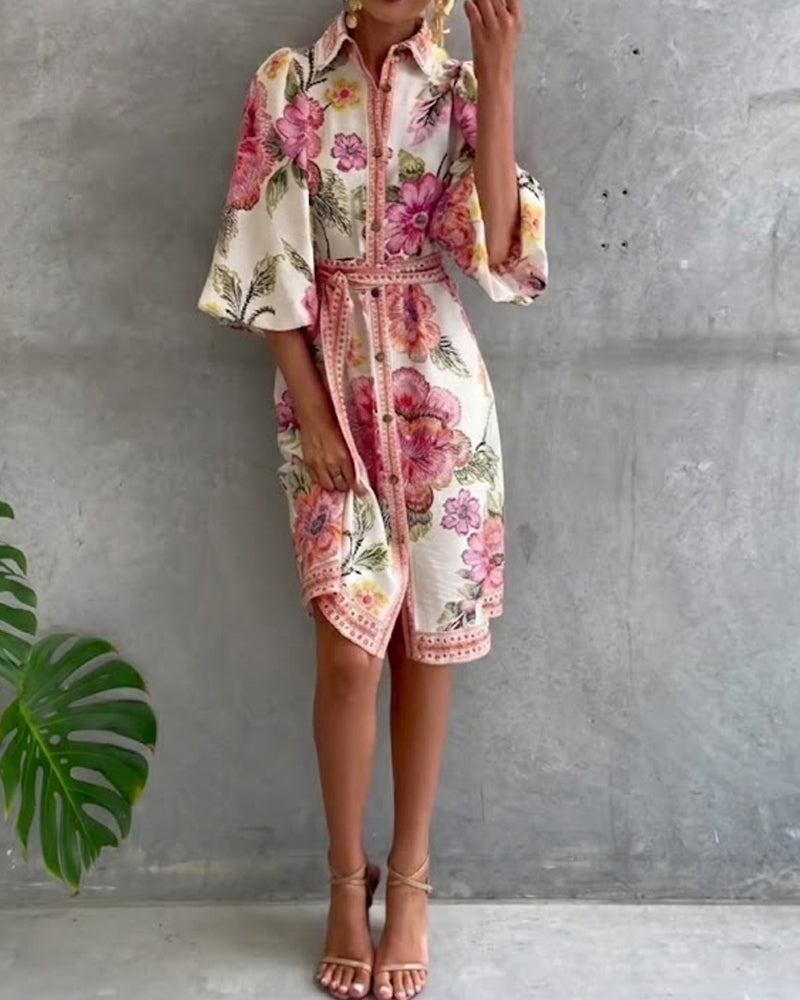 Vestido elegante de flores para mujer con mangas farol y botones
