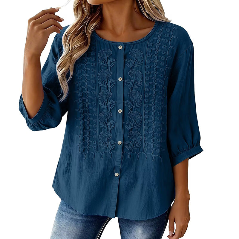 Blusa bordada para mujer de algodón y lino con mangas 3/4