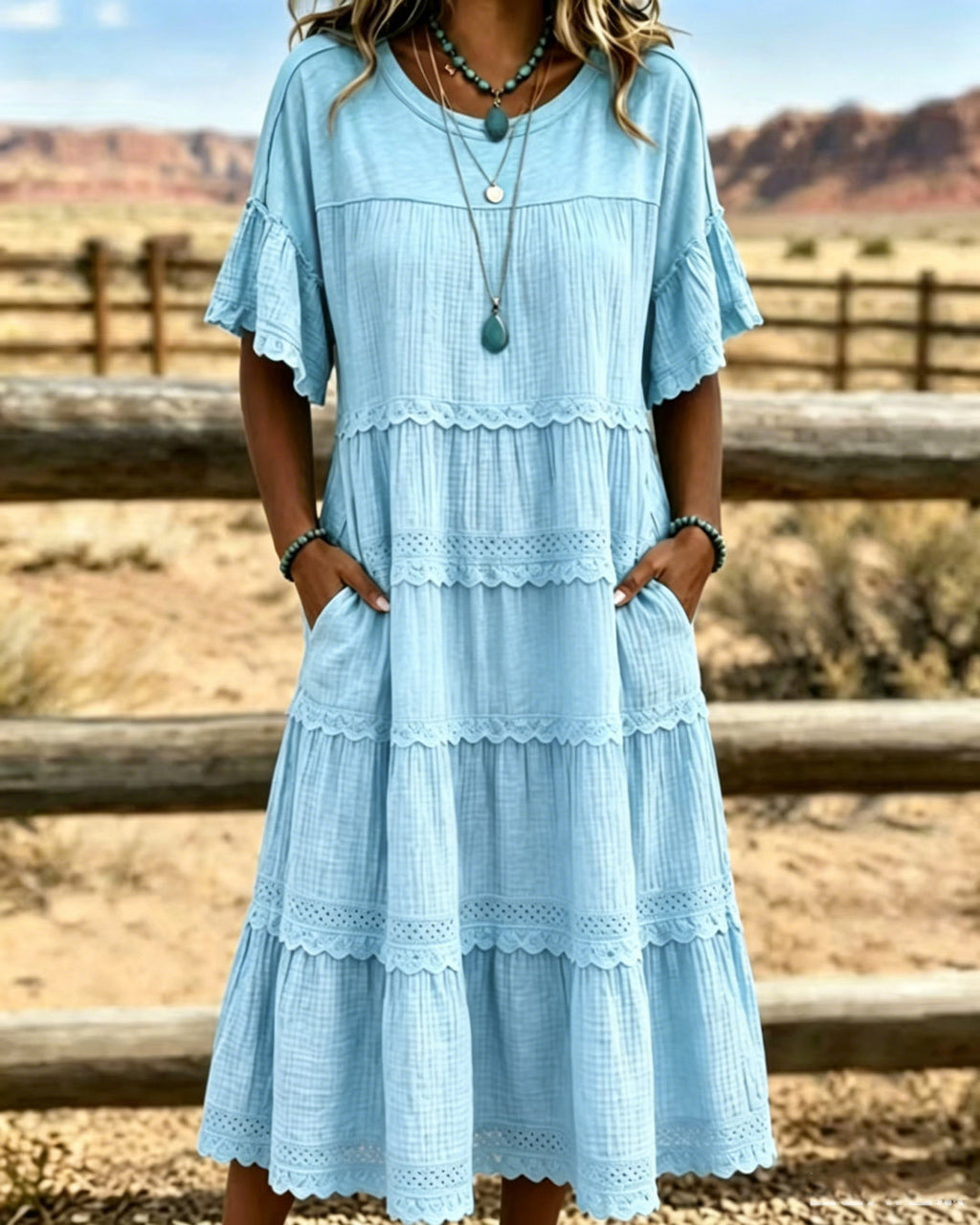 Vestido midi para mujeres de algodón y lino con volantes