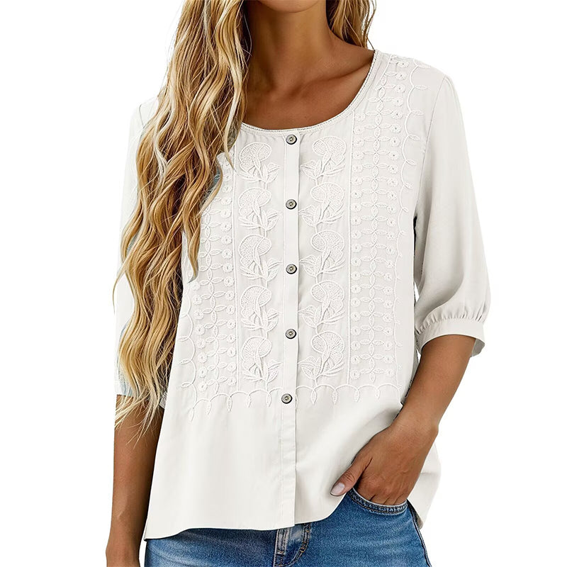 Blusa bordada para mujer de algodón y lino con mangas 3/4