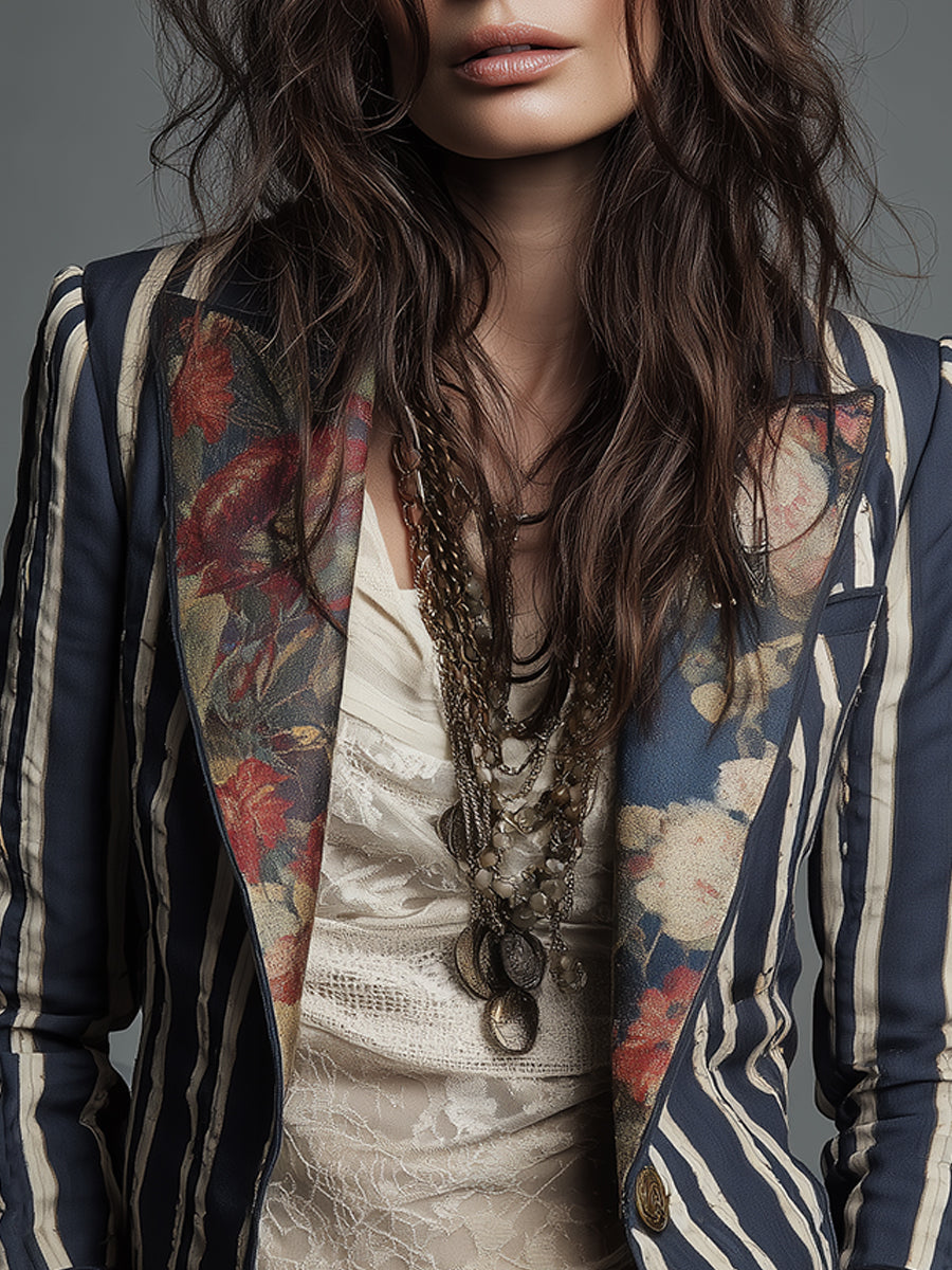 Blazer mujer bohemio con rayas y estampado floral