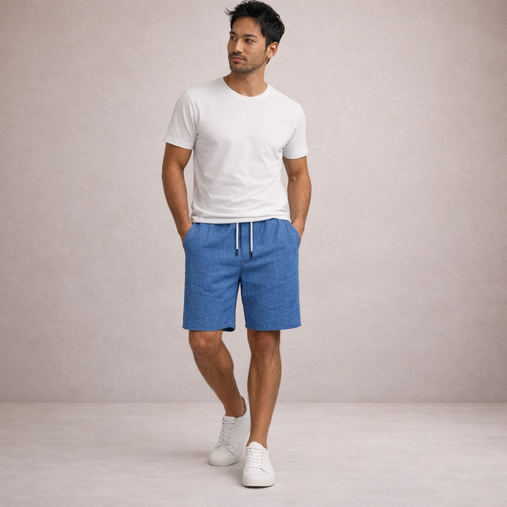 Pantalón corto lino poliéster hombre con cordón verano casual