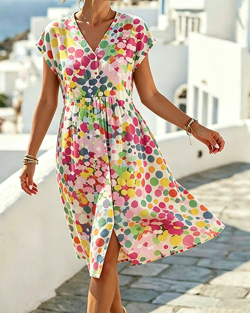 Vestido para mujer con estampado de lunares multicolor y escote en V