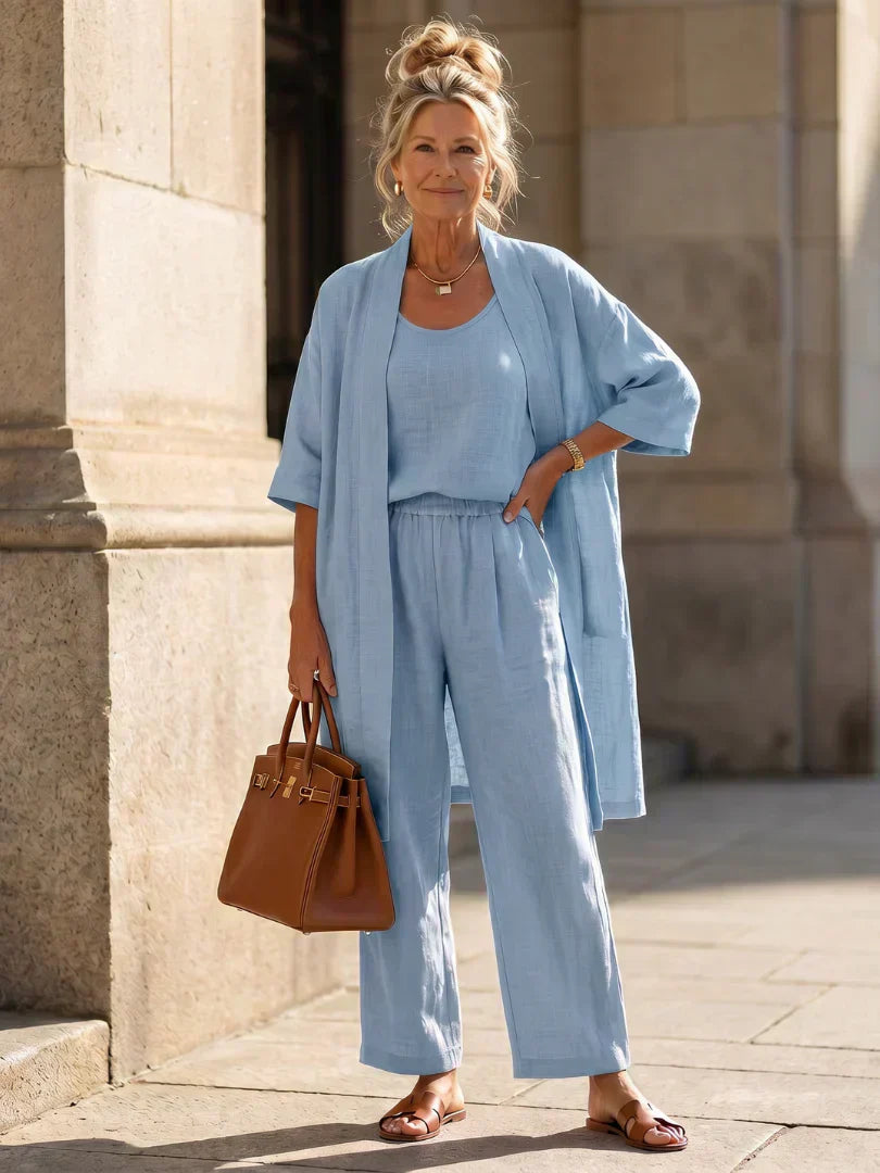Vestido largo para mujer con conjunto de tres piezas y pantalón amplio