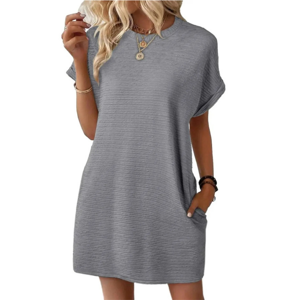Vestido corto para mujer con cuello redondo y bolsillos laterales