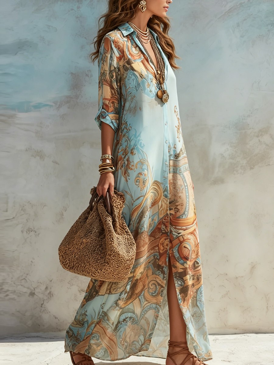 Vestido camisero largo para mujer con estampado artístico bohemio