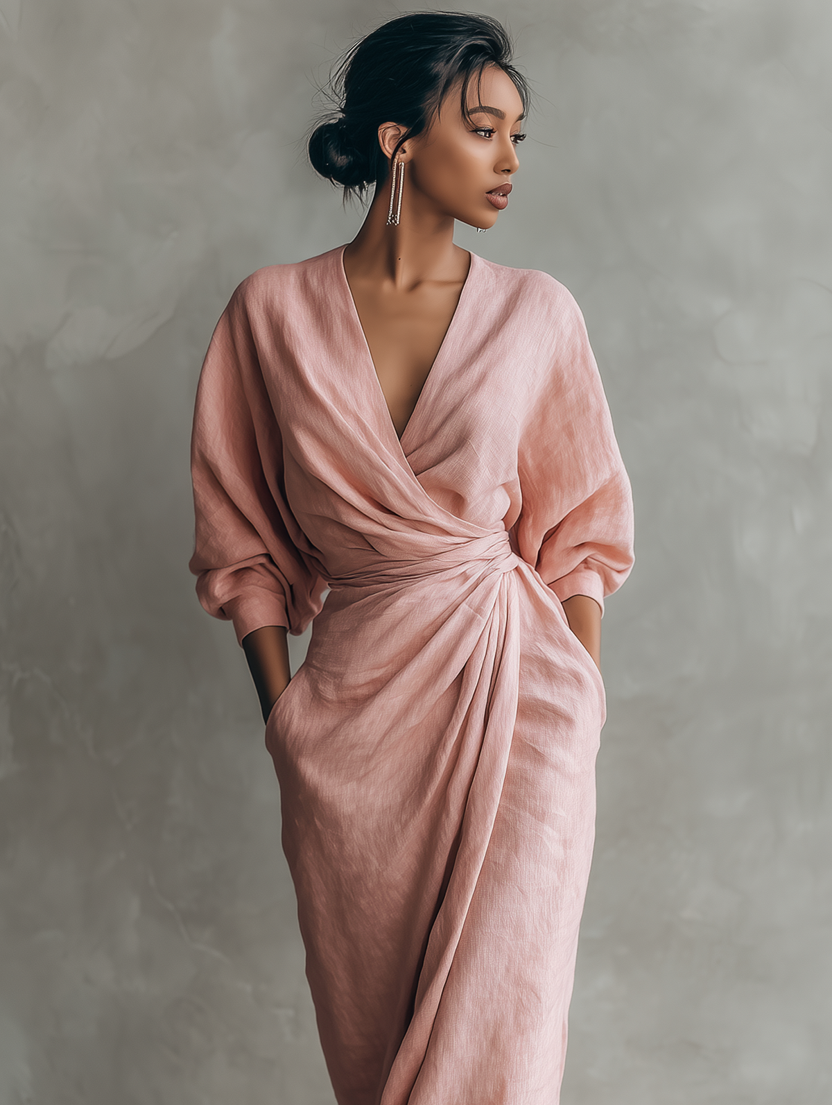 Vestido maxi mujer lino escote V elegante