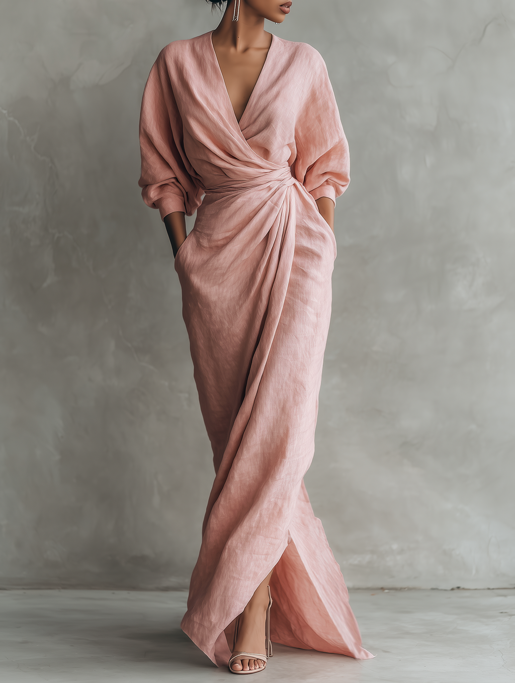 Vestido maxi mujer lino escote V elegante
