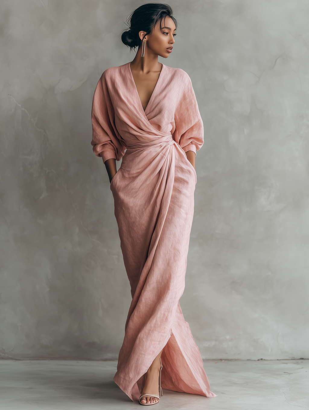 Vestido maxi mujer lino escote V elegante