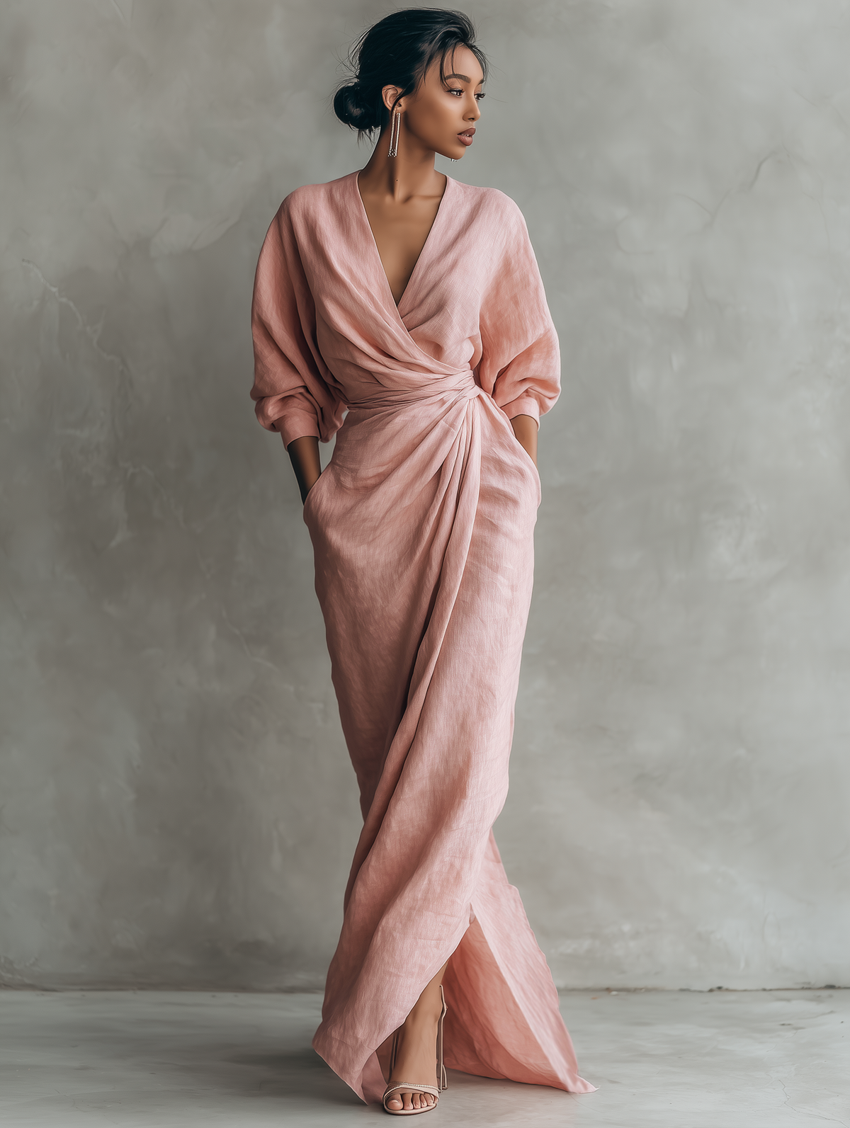 Vestido maxi mujer lino escote V elegante