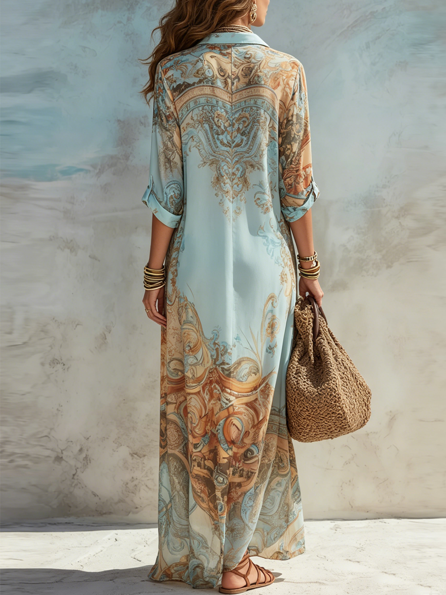 Vestido camisero largo para mujer con estampado artístico bohemio