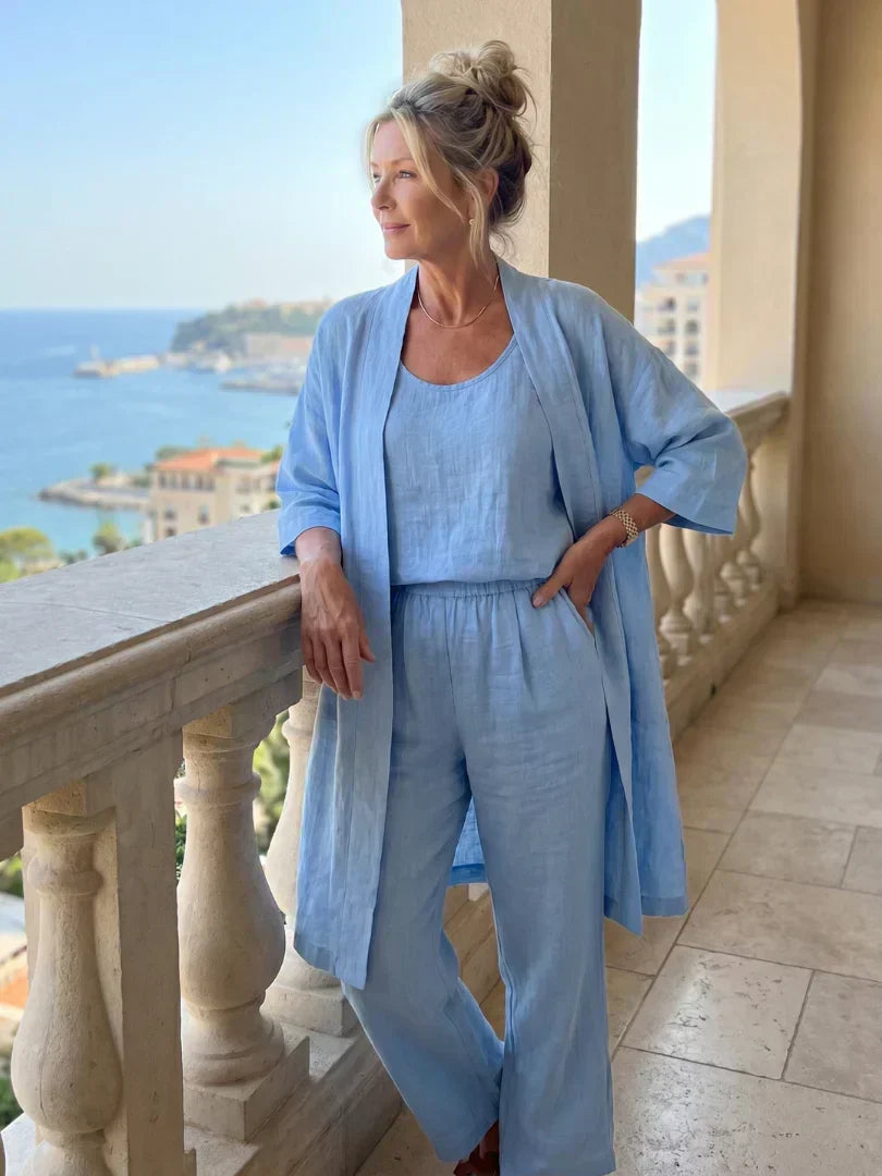 Vestido largo para mujer con conjunto de tres piezas y pantalón amplio