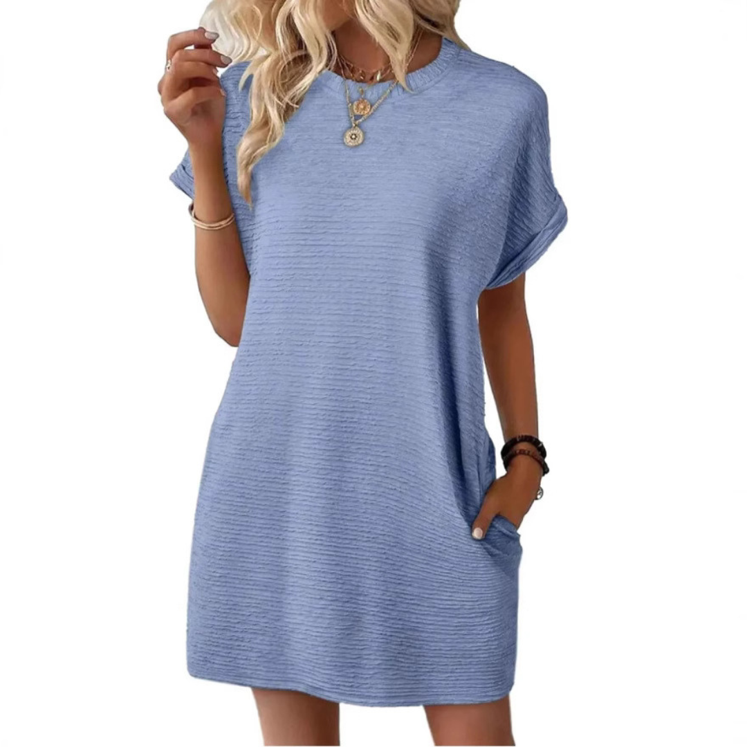 Vestido corto para mujer con cuello redondo y bolsillos laterales