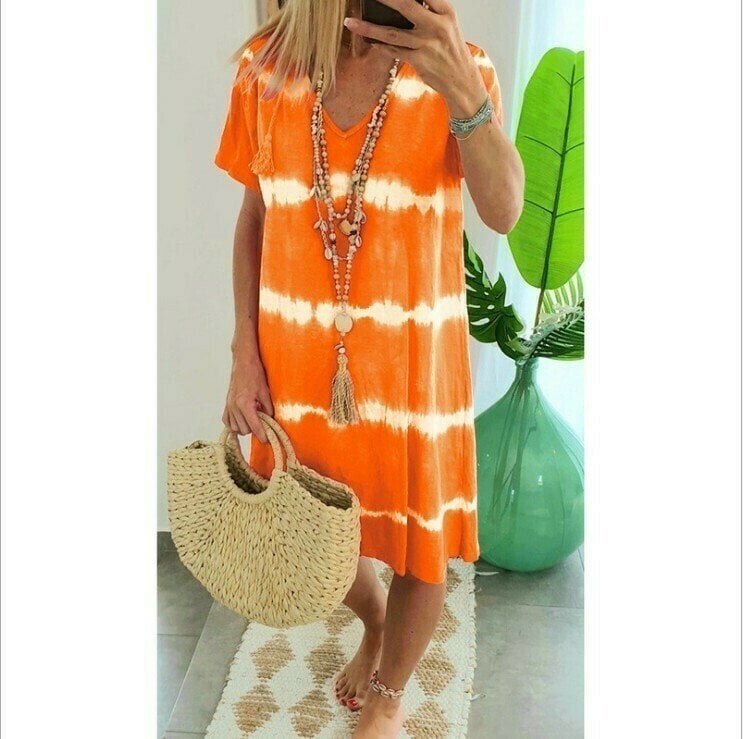 Vestido camiseta poliéster tie-dye con cuello en V veraniego