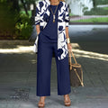 Conjunto de tres piezas mujer con chaqueta floral y pantalón recto