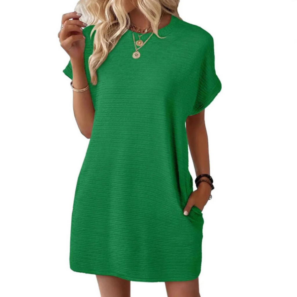 Vestido corto para mujer con cuello redondo y bolsillos laterales