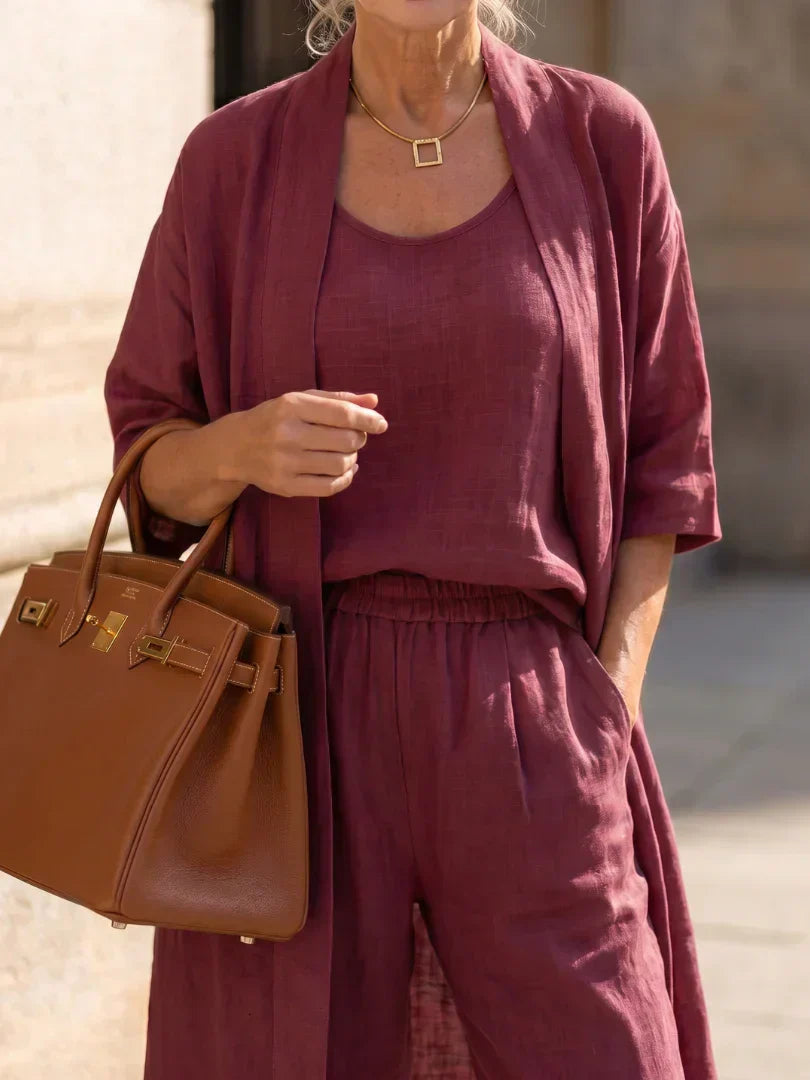 Vestido largo para mujer con conjunto de tres piezas y pantalón amplio