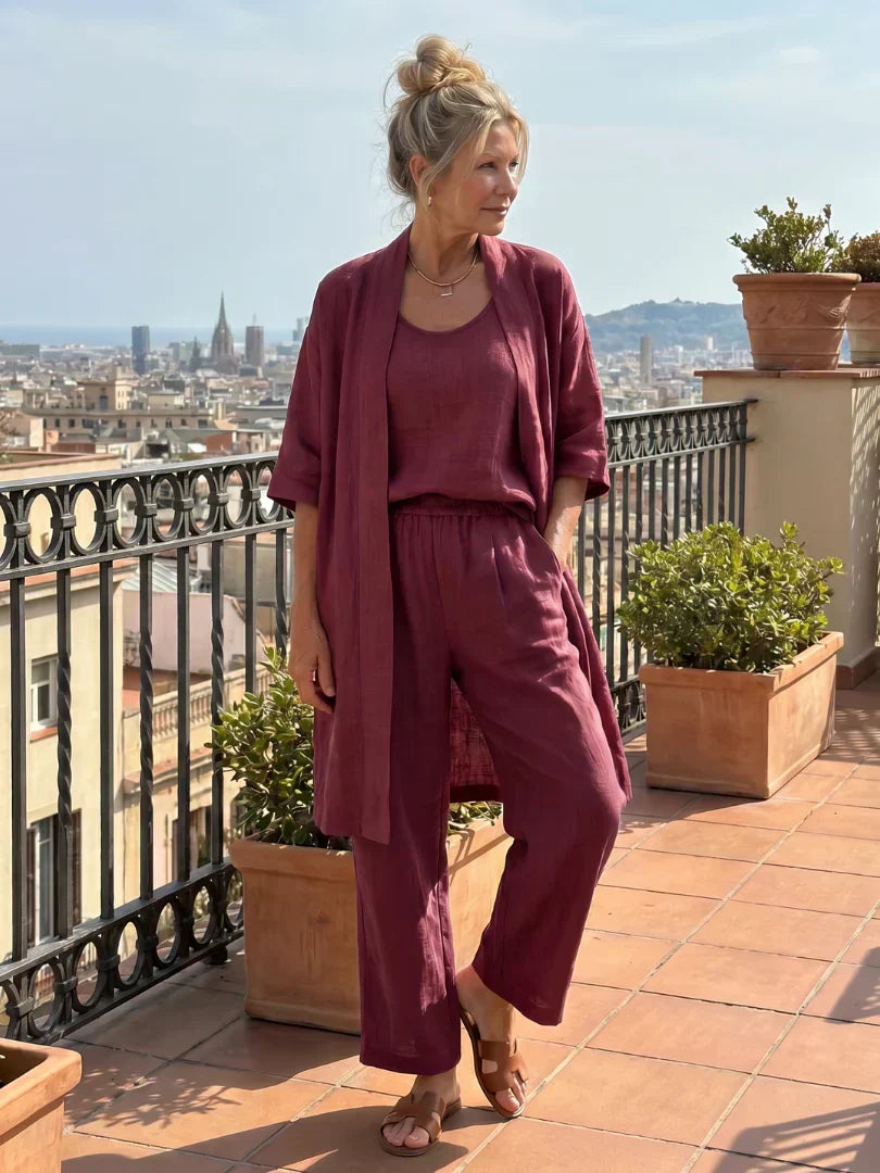 Vestido largo para mujer con conjunto de tres piezas y pantalón amplio