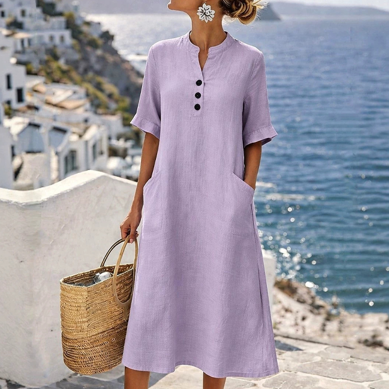 Vestido midi de mujer en algodón y lino con botones y bolsillos