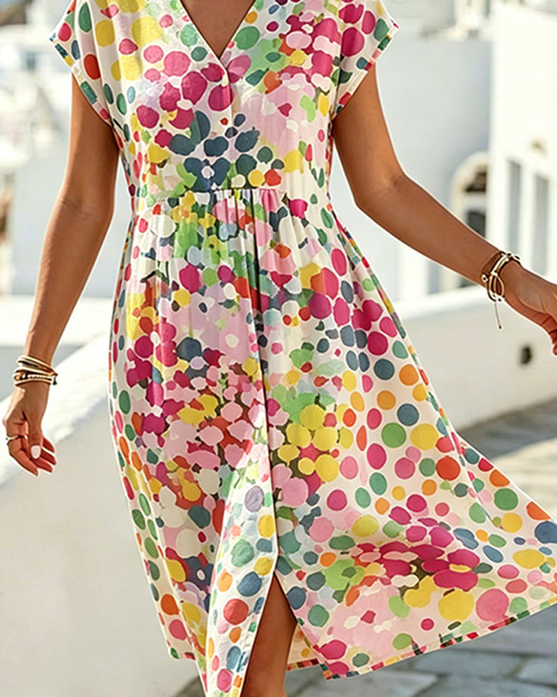 Vestido para mujer con estampado de lunares multicolor y escote en V
