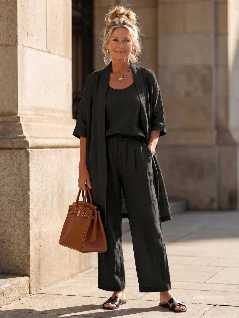 Vestido largo para mujer con conjunto de tres piezas y pantalón amplio