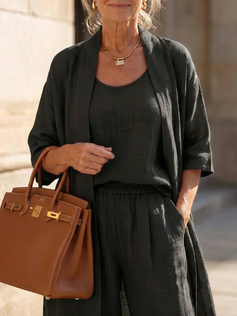 Vestido largo para mujer con conjunto de tres piezas y pantalón amplio