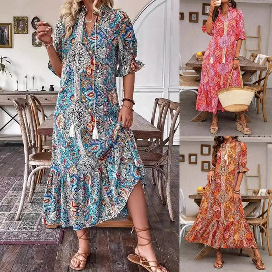Vestido boho para mujer con estampado floral y escote en V
