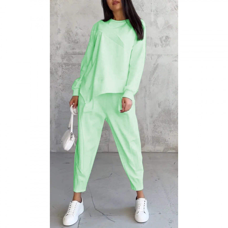 Maria- Conjunto de sudadera de manga larga con bajo irregular y pantalones para mujer