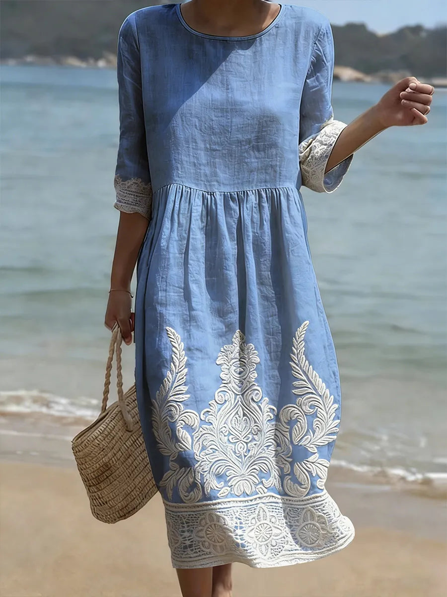 Vestido midi para mujer con bordados decorativos y mangas tres cuartos