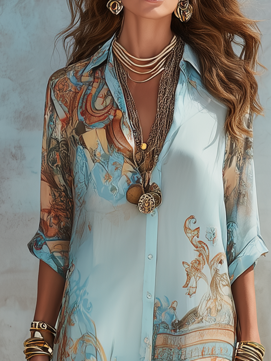 Vestido camisero largo para mujer con estampado artístico bohemio