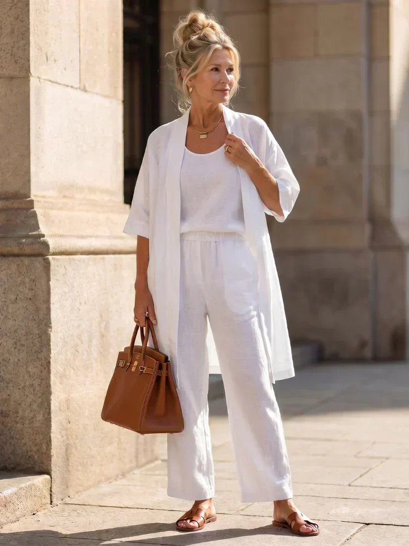 Vestido largo para mujer con conjunto de tres piezas y pantalón amplio