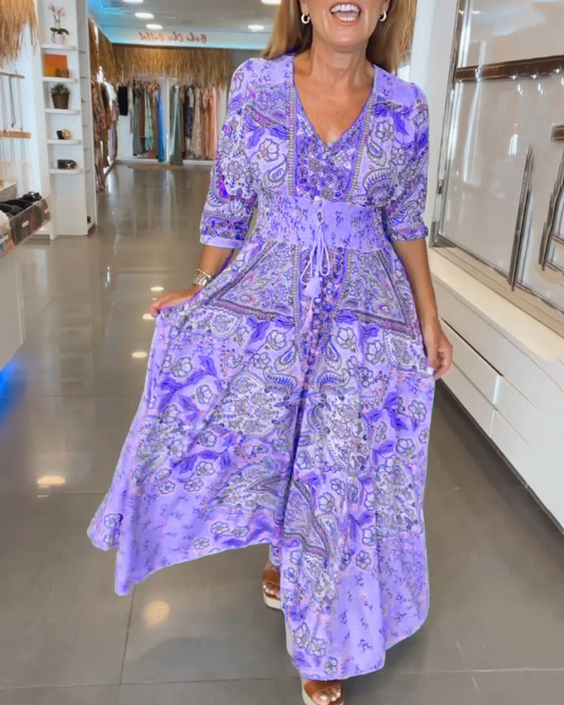 Vestido maxi para mujer con estampado bohemio y cintura ajustable