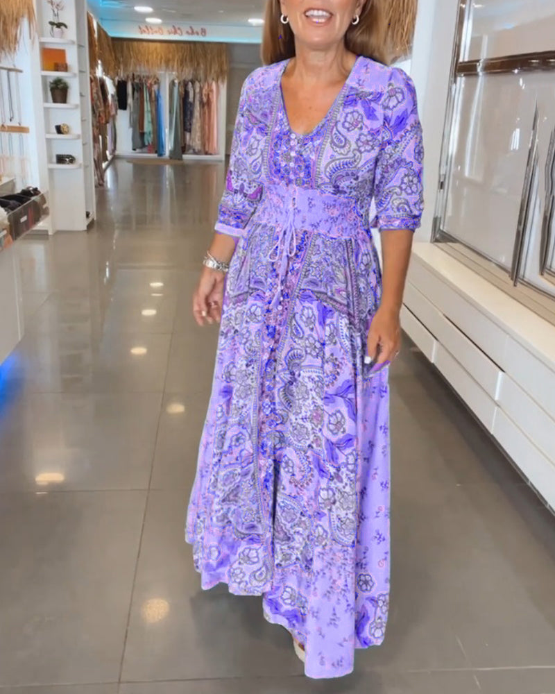 Vestido maxi para mujer con estampado bohemio y cintura ajustable