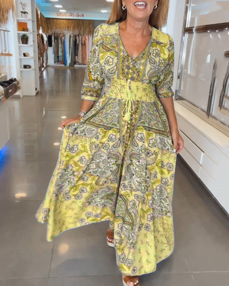 Vestido maxi para mujer con estampado bohemio y cintura ajustable
