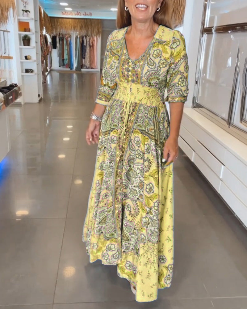 Vestido maxi para mujer con estampado bohemio y cintura ajustable